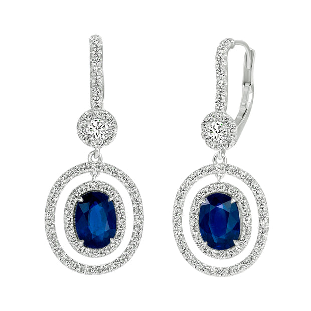 Uneek Precious Collection Halo Oval Shaped Blue Sapphire Dangle Earrings