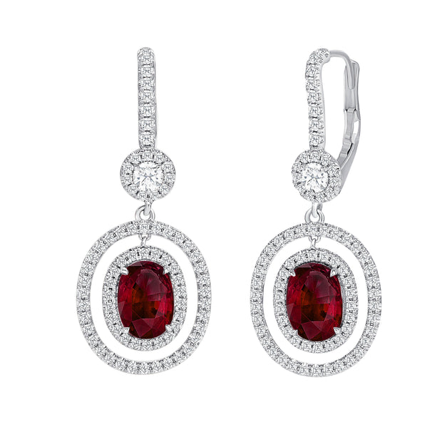 Uneek Precious Collection Halo Oval Shaped Ruby Dangle Earrings