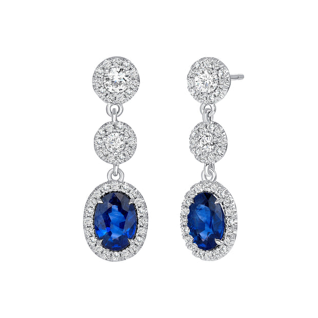 Uneek Precious Collection Halo Oval Shaped Blue Sapphire Dangle Earrings