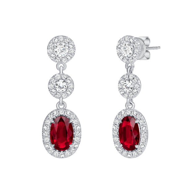 Uneek Precious Collection Halo Oval Shaped Ruby Dangle Earrings