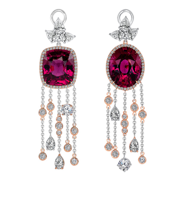 Uneek HeartStrings Earrings with Asymmetrical Oval-Cushion Rhodolite Garnet and Diamond