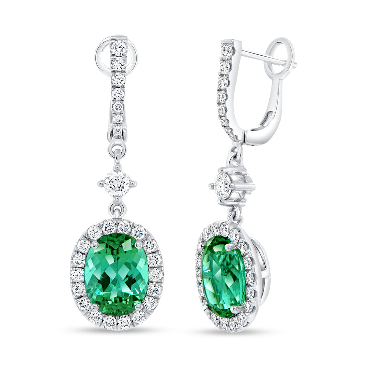 Uneek Precious Collection Halo Oval Shaped Green Tourmaline Dangle Earrings