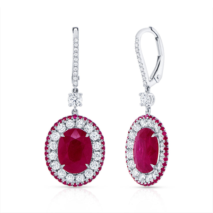 Uneek Precious Collection Halo Oval Shaped Ruby Dangle Earrings