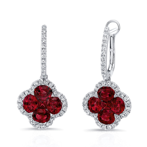 Uneek Precious Collection Floral Oval Shaped Ruby Dangle Earrings