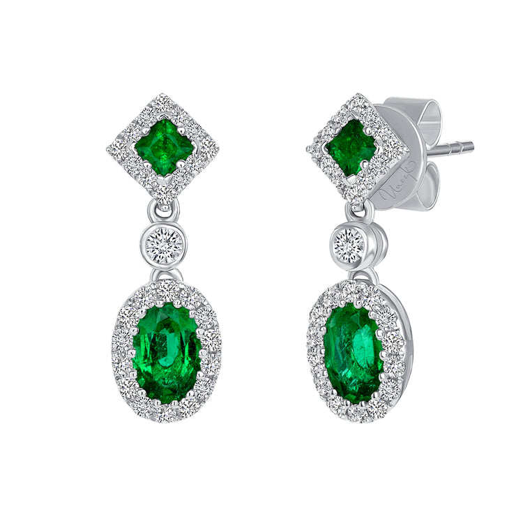 Uneek Precious Collection Halo Oval Shaped Emerald Dangle Earrings