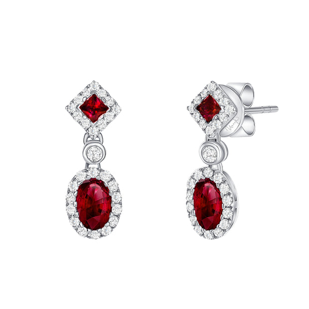 Uneek Precious Collection Halo Oval Shaped Ruby Dangle Earrings