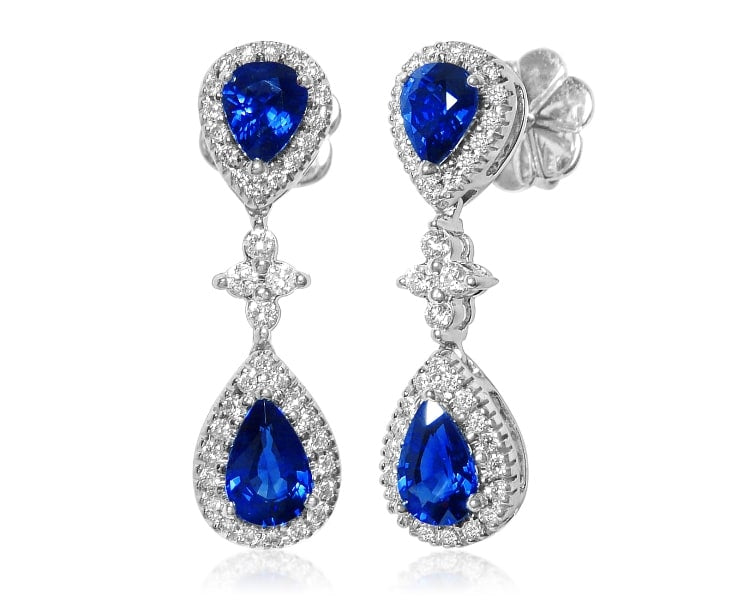 Uneek Royalty-Inspired Blue Sapphire Double Teardrop Dangle Earrings with Pave Diamond Halos and Flower-Shaped Diamond Cluster Accents