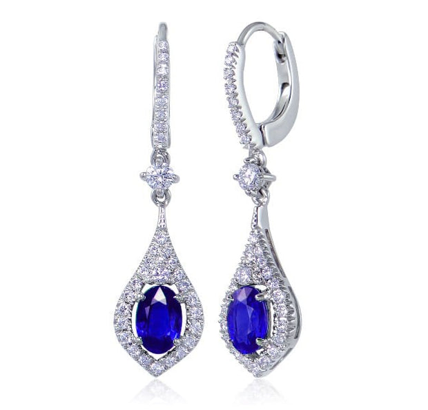 Uneek Oval Blue Sapphire Dangle Earrings with Teardrop-Shaped Pave Diamond Halos