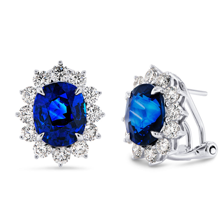 Uneek Precious Collection Halo Oval Shaped Blue Sapphire Stud Earrings