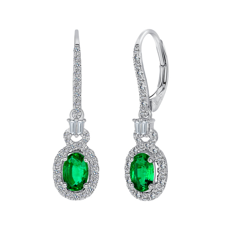 Uneek Precious Collection Halo Oval Shaped Emerald Dangle Earrings