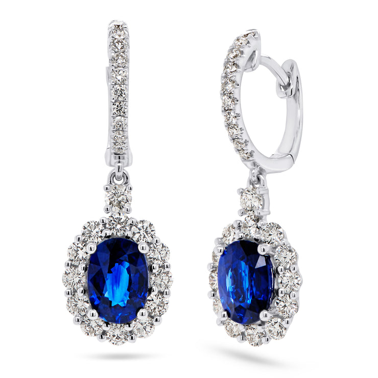 Uneek Precious Collection Halo Oval Shaped Blue Sapphire Dangle Earrings