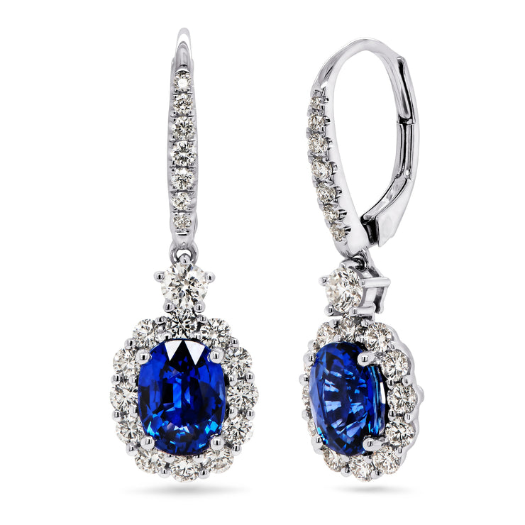 Uneek Precious Collection Halo Oval Shaped Blue Sapphire Dangle Earrings