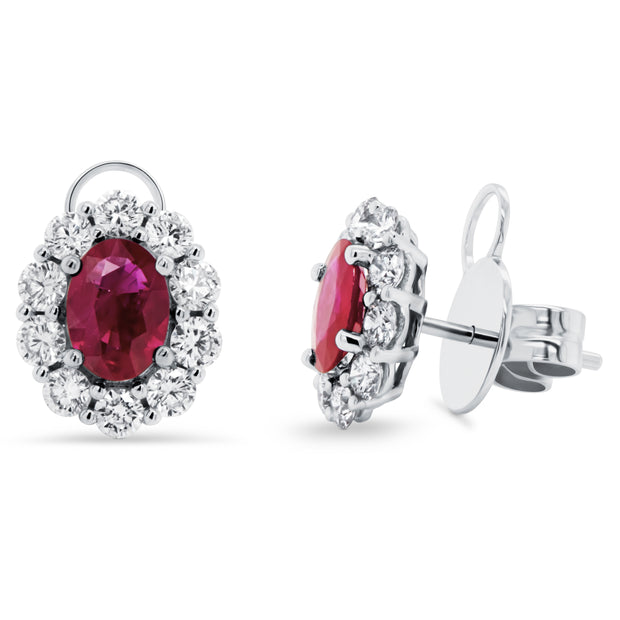 Uneek Precious Collection Halo Oval Shaped Ruby Stud Earrings