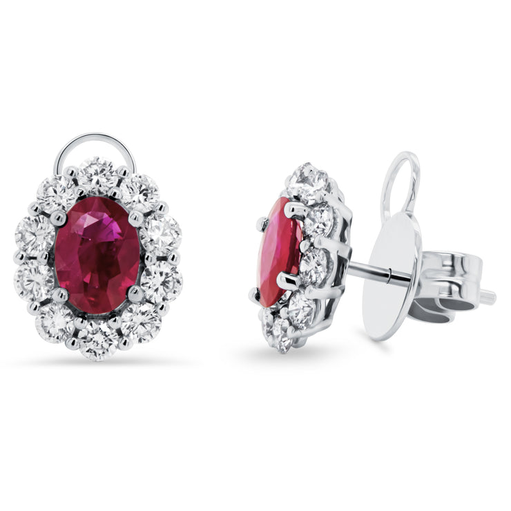 Uneek Precious Collection Halo Oval Shaped Ruby Stud Earrings