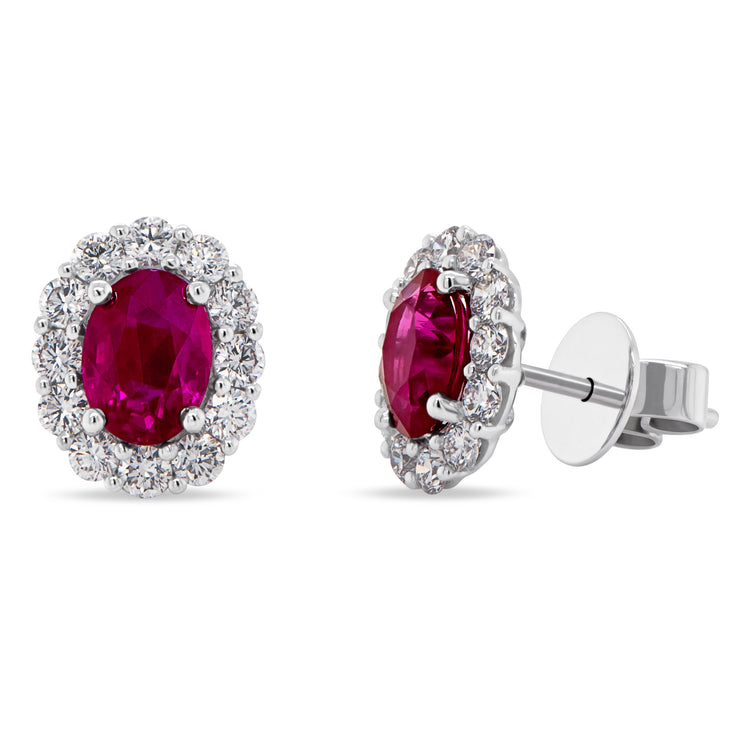 Uneek Precious Collection Halo Oval Shaped Ruby Stud Earrings