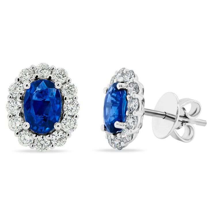 Uneek Precious Collection Halo Oval Shaped Blue Sapphire Stud Earrings