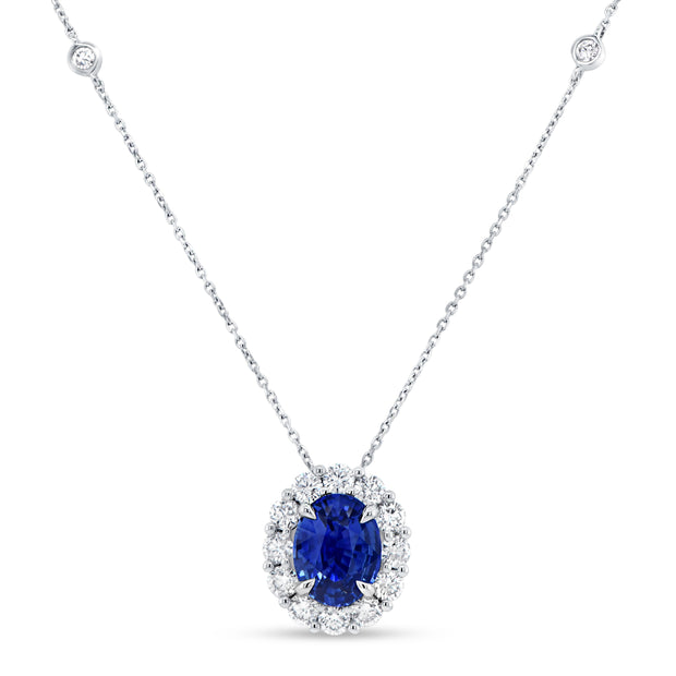 Uneek Precious Collection Halo Oval Shaped Blue Sapphire Drop Pendant