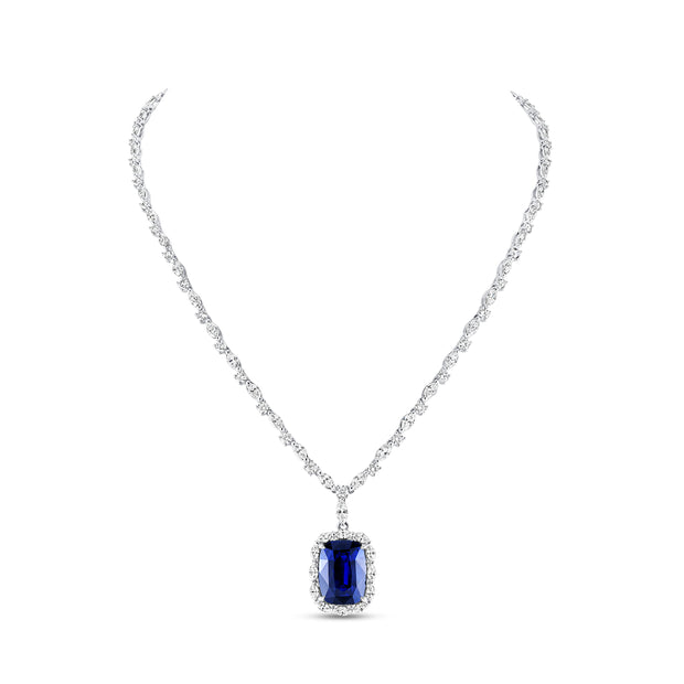 Uneek Precious Collection Halo Cushion Cut Blue Sapphire Choker Pendant