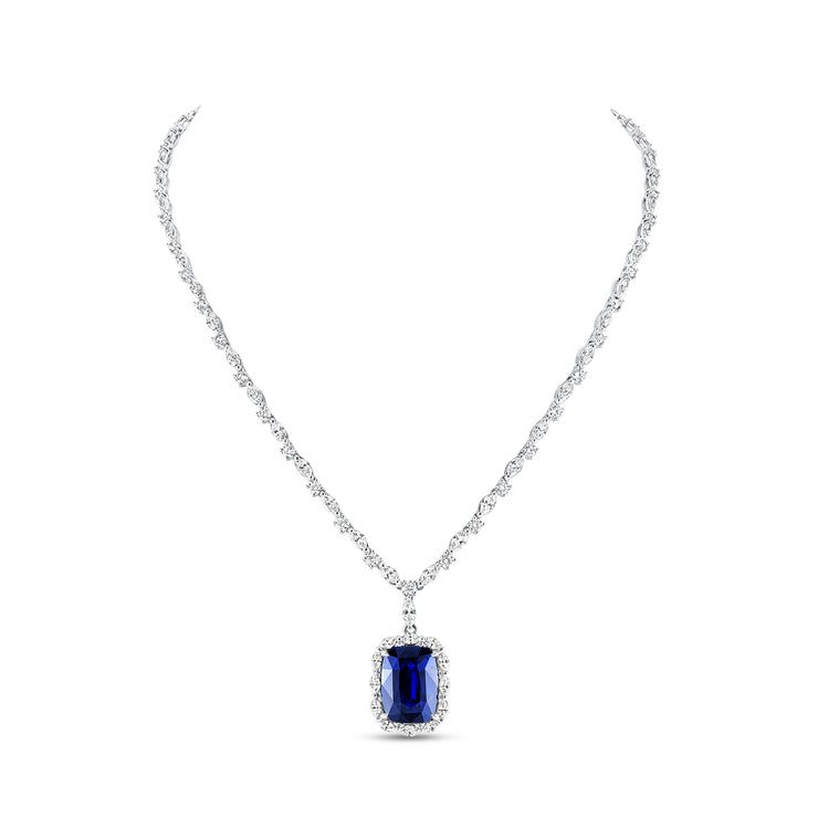 Uneek Precious Collection Halo Cushion Cut Blue Sapphire Choker Pendant