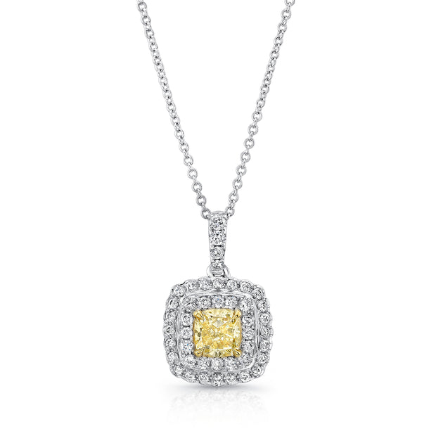 Uneek Cushion-Cut Fancy Yellow Diamond Pendant with Dreamy Scalloped Double Halo