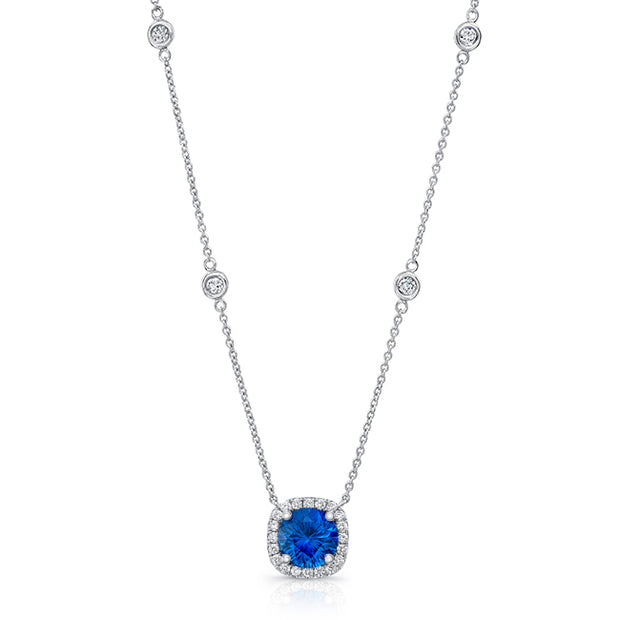 Uneek Round Blue Sapphire Pendant with Cushion-Shaped Diamond Halo