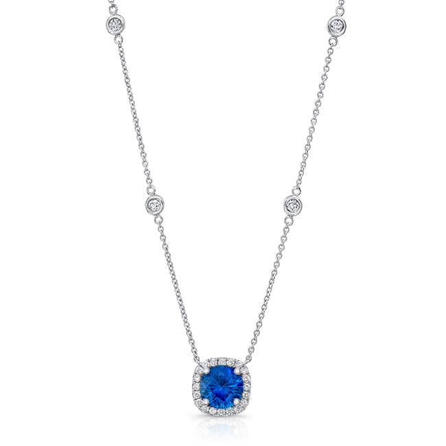 Uneek Round Blue Sapphire Pendant with Cushion-Shaped Diamond Halo