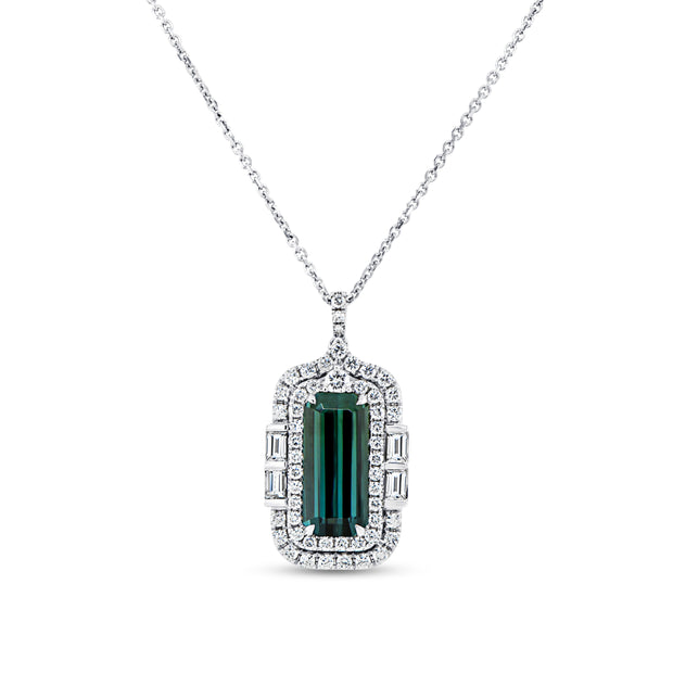 Uneek Precious Collection Double-Halo Emerald Cut Green Tourmaline Drop Pendant