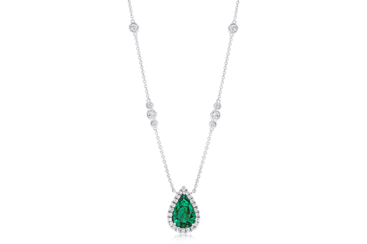 Uneek Precious Collection Halo Pear Shaped Emerald Opera Necklace