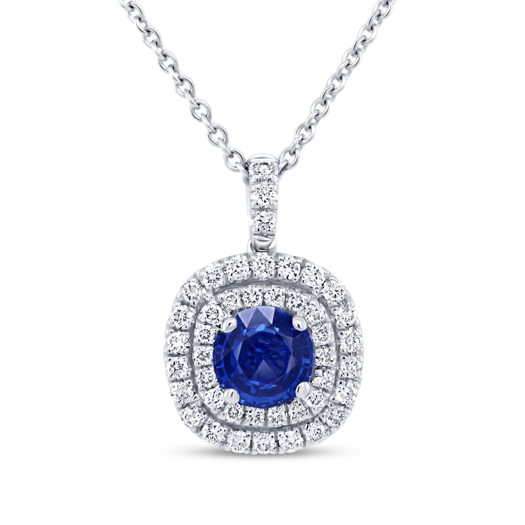 Uneek Precious Collection Double-Halo Round Blue Sapphire Drop Pendant