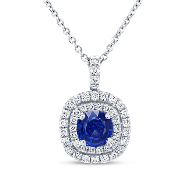 Uneek Precious Collection Double-Halo Round Blue Sapphire Drop Pendant