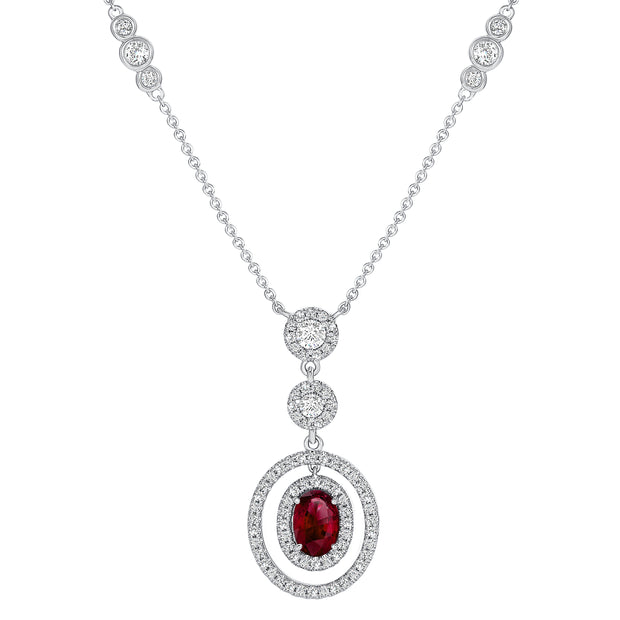 Uneek Precious Collection Halo Oval Shaped Ruby Opera Necklace