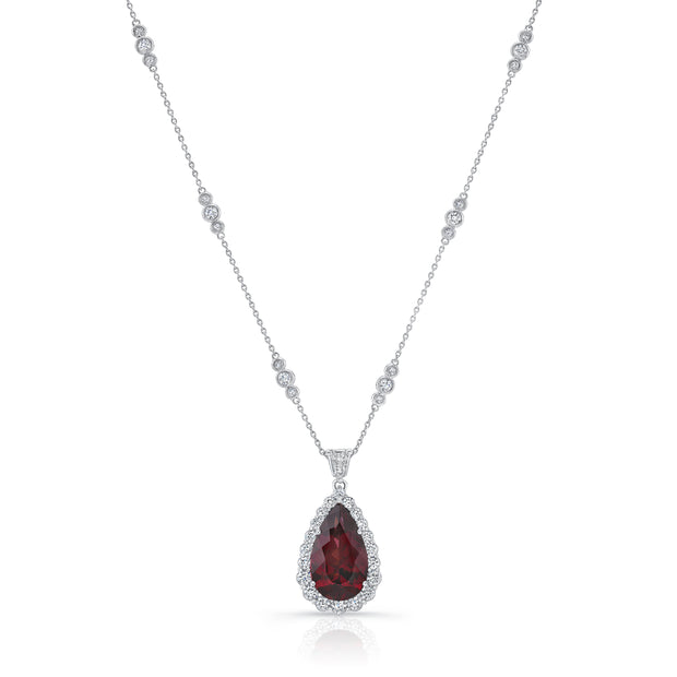 Uneek Precious Collection Halo Pear Shaped Rhodolite Drop Pendant