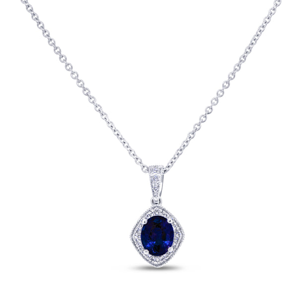 Uneek Precious Collection Halo Oval Shaped Blue Sapphire Drop Pendant