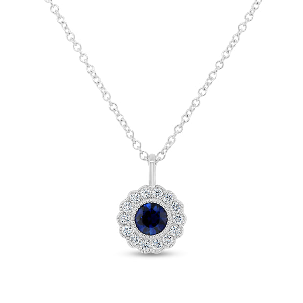 Uneek Precious Collection Halo Round Blue Sapphire Drop Pendant