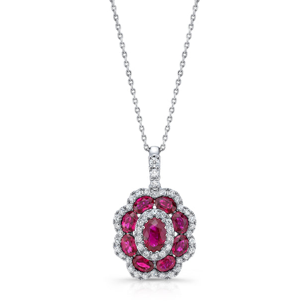 Uneek Precious Collection Halo Round Ruby Drop Pendant