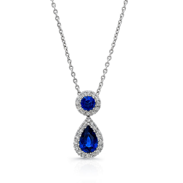 Uneek Pear and Round Blue Sapphire Pendant with Diamond Halos