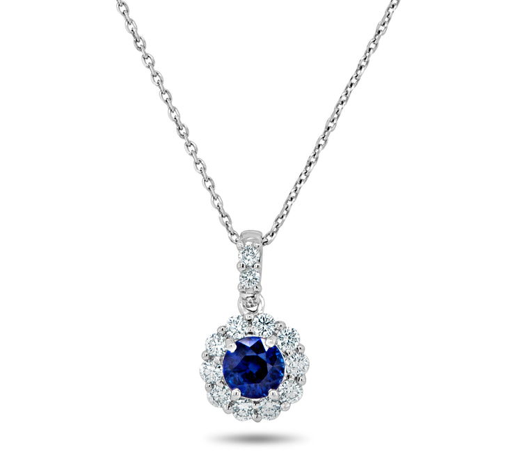 Uneek Precious Collection Halo Round Blue Sapphire Drop Pendant