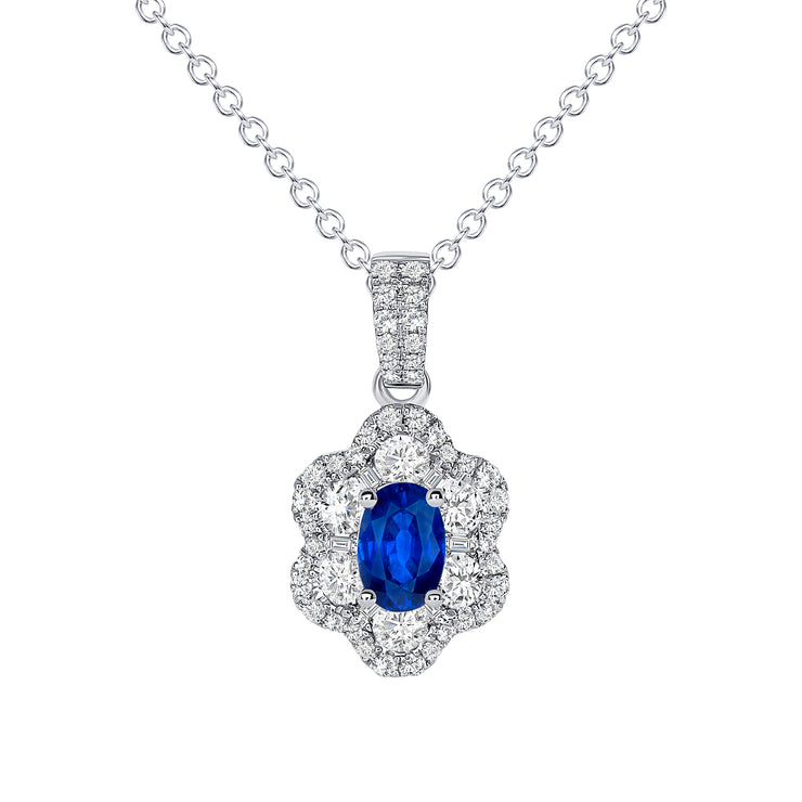 Uneek Precious Collection Halo Oval Shaped Blue Sapphire Drop Pendant