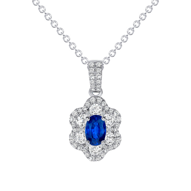 Uneek Precious Collection Halo Oval Shaped Blue Sapphire Drop Pendant