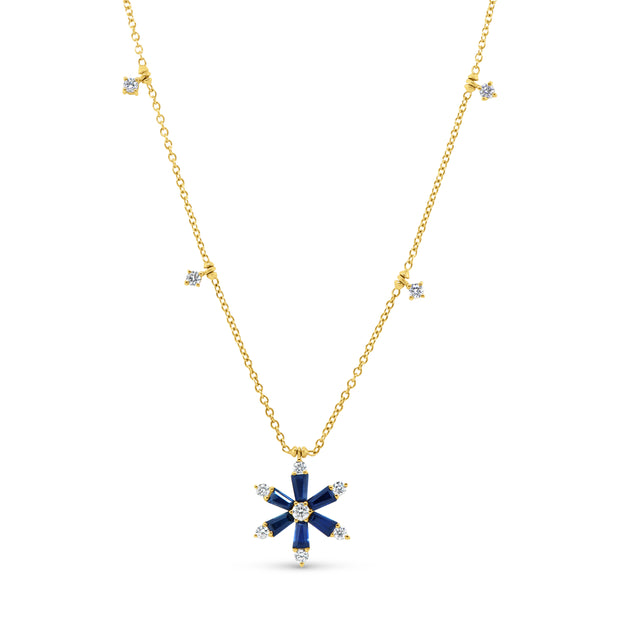 Uneek Cascade Collection Drop Baguette Blue Sapphire Drop Necklace