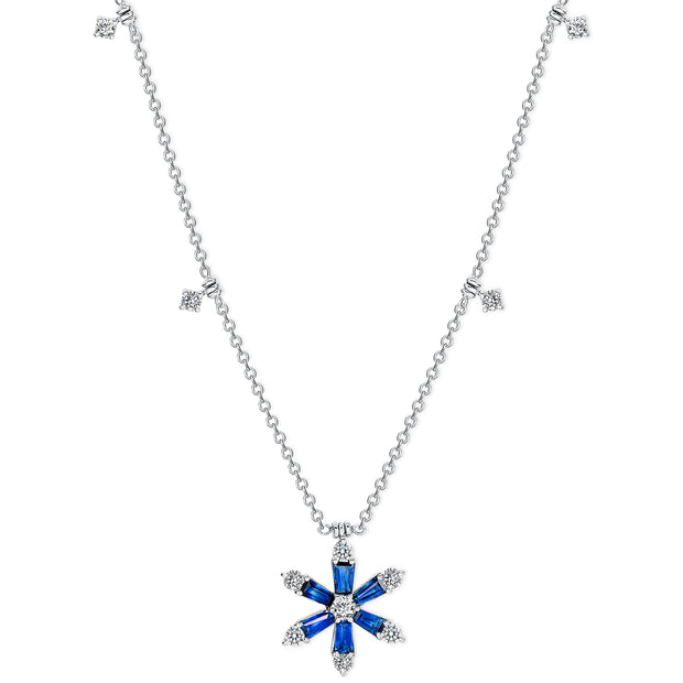 Uneek Cascade Collection Drop Baguette Blue Sapphire Drop Necklace