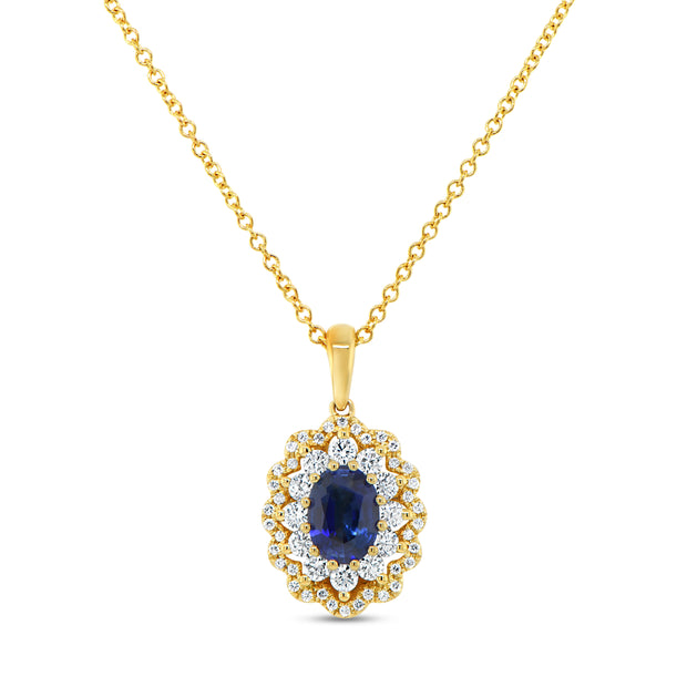 Uneek Precious Collection Double-Halo Round Blue Sapphire Drop Pendant