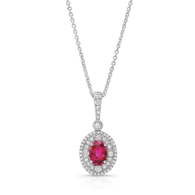 Uneek Precious Collection Halo Oval Shaped Ruby Drop Pendant