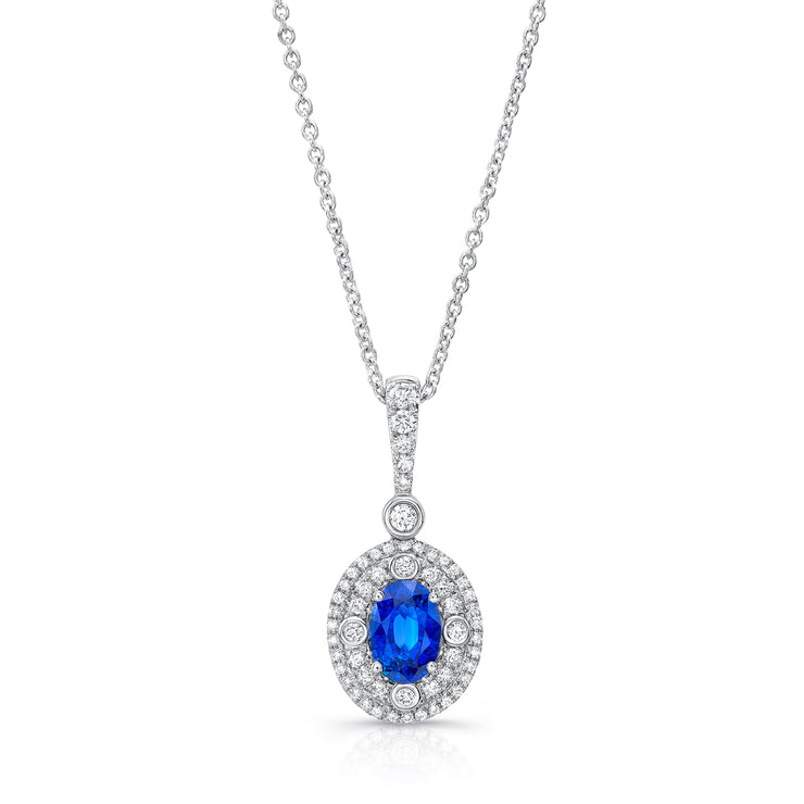 Uneek Oval Blue Sapphire Pendant with Double Halo and Accent Bezels