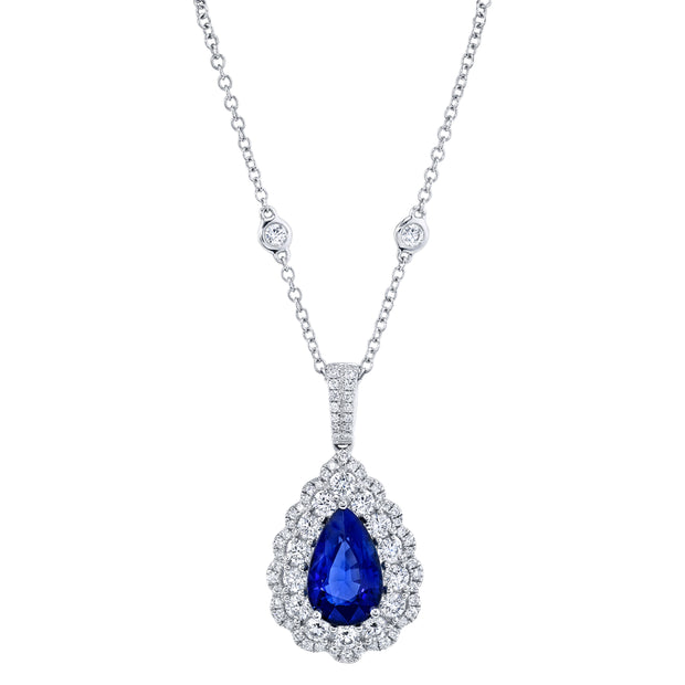 Uneek Precious Collection Halo Round Blue Sapphire Drop Pendant