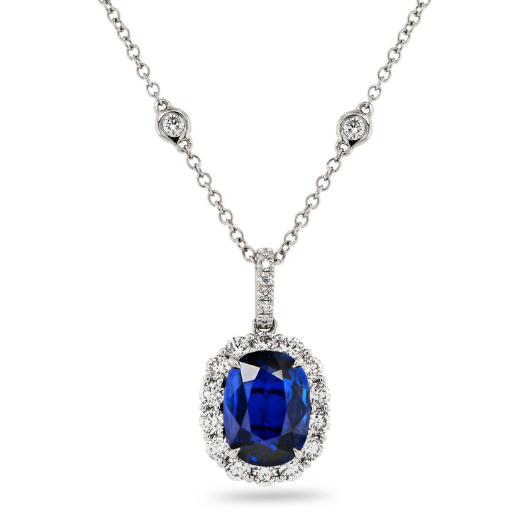 Uneek Precious Collection Halo Oval Shaped Blue Sapphire Drop Pendant