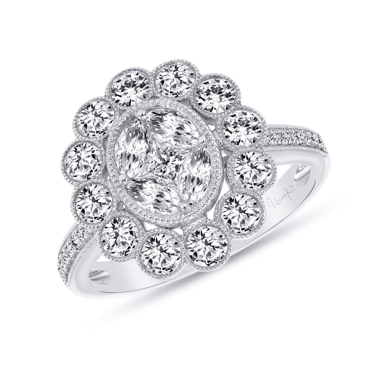 Uneek Petals Design Cluster Diamond Center Ring with Pave Diamond Shank