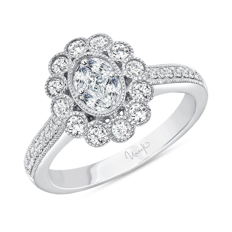 Uneek Petals Design Cluster Diamond Center Ring with Pave Diamond Shank