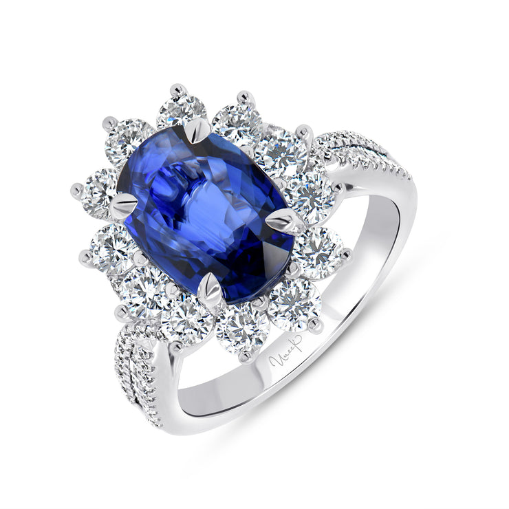 Uneek Precious Collection Halo Oval Shaped Blue Sapphire Engagement Ring