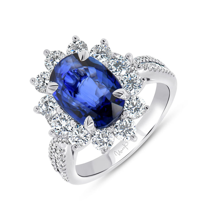 Uneek Precious Collection Halo Oval Shaped Blue Sapphire Engagement Ring